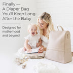 Leather Diaper Bag Backpack with USB Charging port, Changing Pad, Stroller Straps (Beige Mia)
