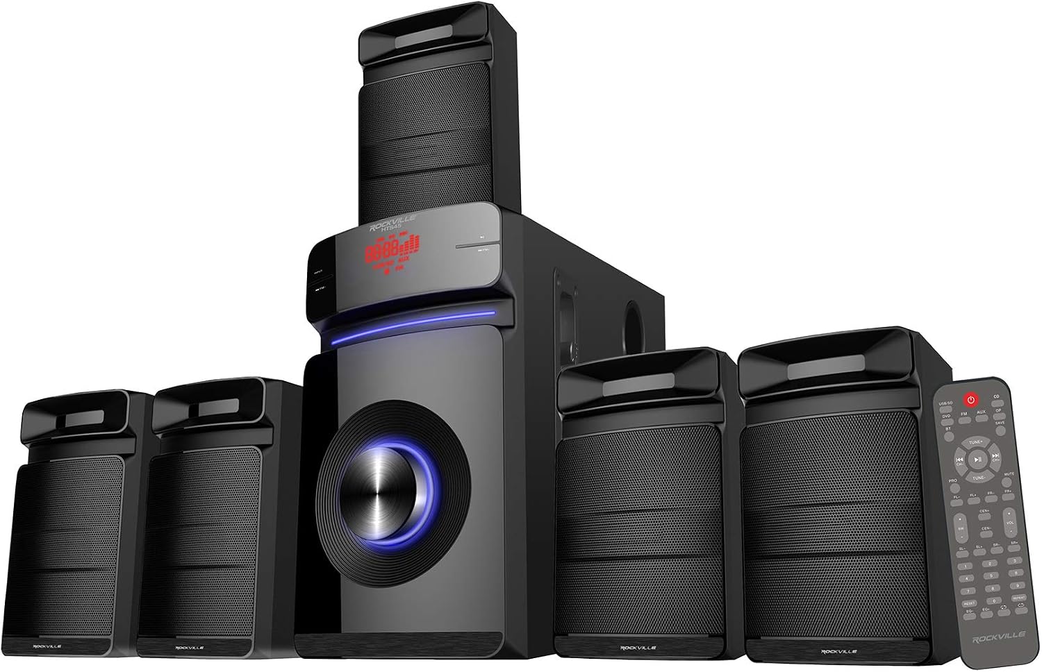 HTS45 5.1 Channel Bluetooth Home Theater Audio System | Subwoofer Included, USB/SD Playback, 2 Mic Inputs with Echo