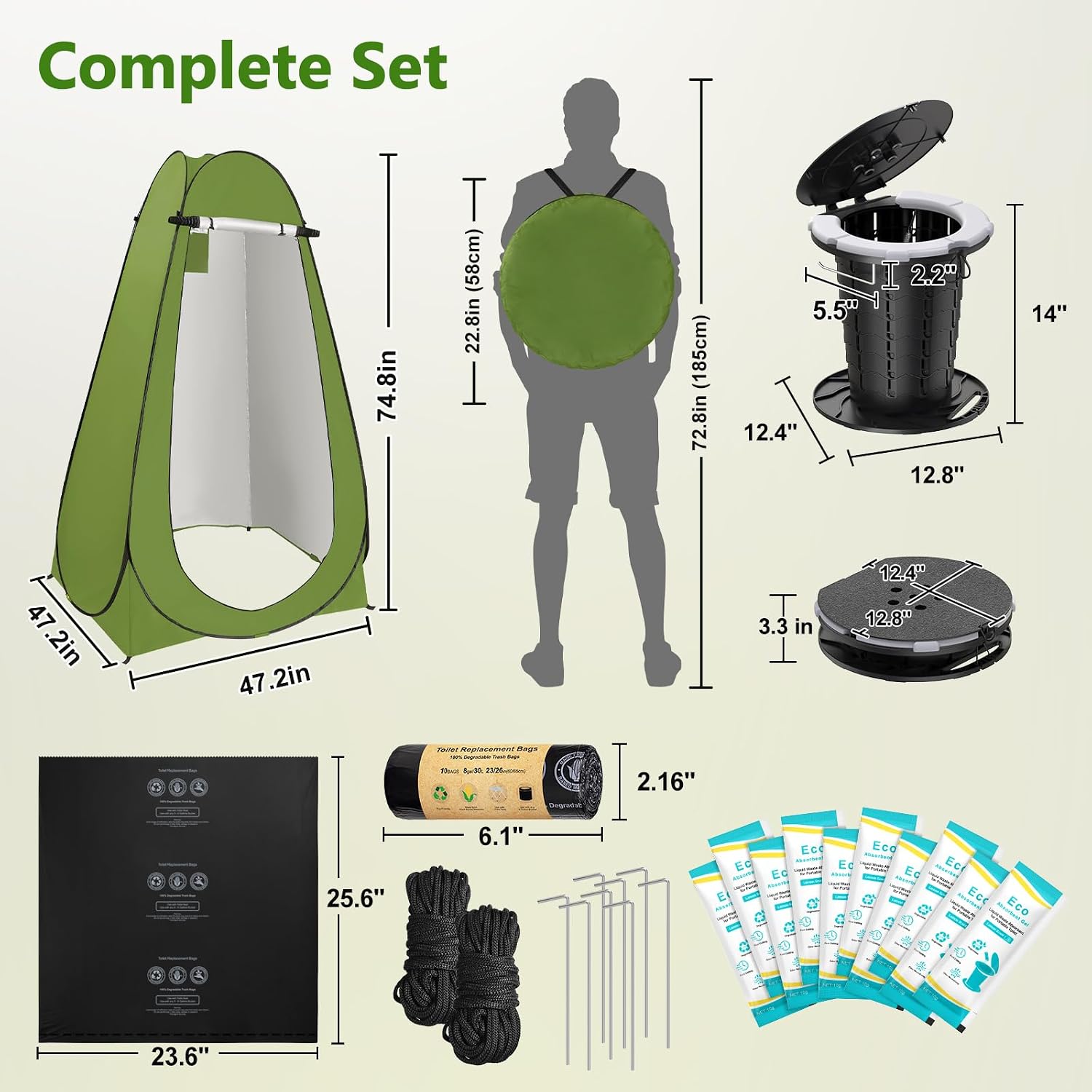 Portable Toilet Kit for Camping, Camp Toilet with Pop-Up Privacy Tent, Toilet Bags and Absorbent Gel, Foldable