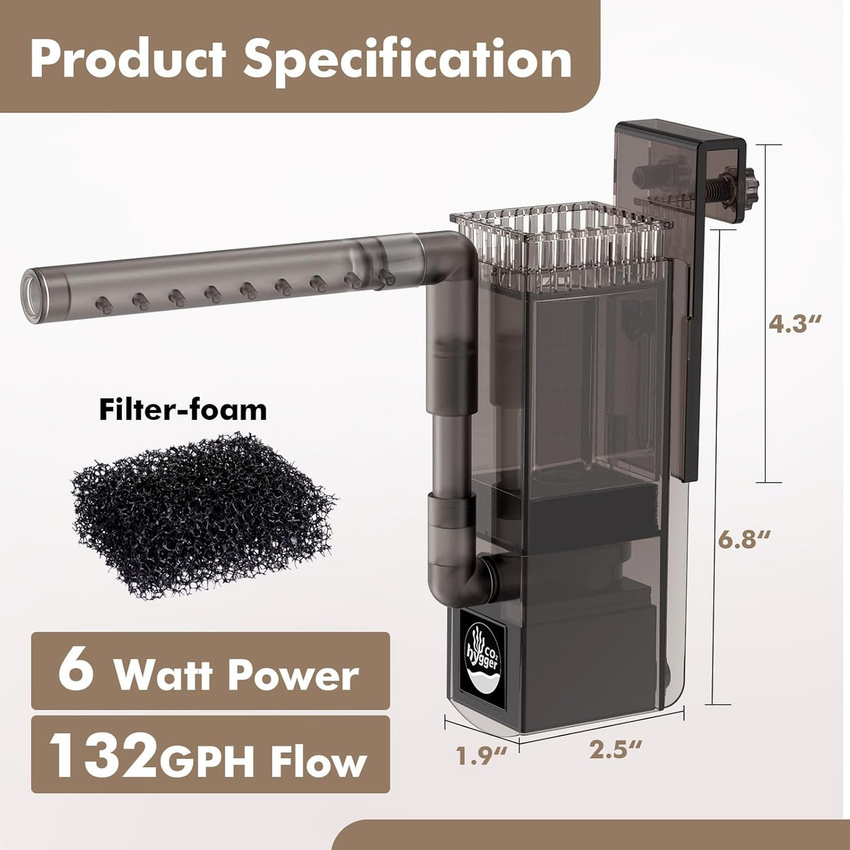 Aquarium Surface Skimmer up to 50 Gallon Aquariums, 132GPH Flow Skimmer with Dual Outlet & Wave Maker Function, 6W