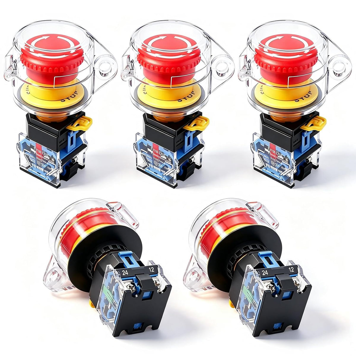 TWTADE 5Pcs 22mm Emergency Stop Push Button Switch with Transparent Protective Cover, 1NO 1NC 10A 440V E-Stop Button Switch for Industrial Control, Machine Tools and Equipment