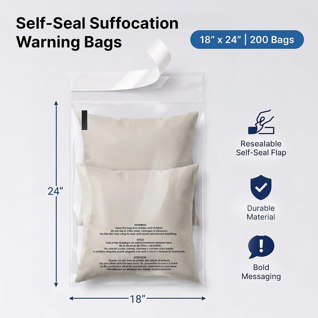 18” X 24” (200 Count) Self Seal Clear Poly Bags with Suffocation Warning