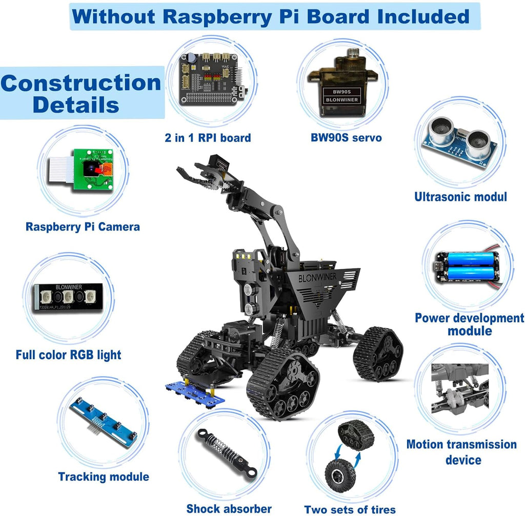 Robot Car Kit, 2 in 1 Smart Robotics Arm Building Toy for Raspberry Pi Python Coding, STEM Programming Tank Kits with