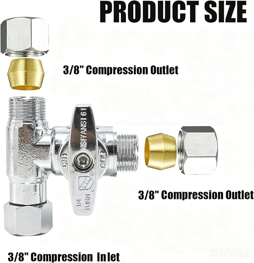 TTFLEX 3/8" x 3/8" x 3/8" Compression Tee Valve, Shut Off Valve, 1/4 Turn