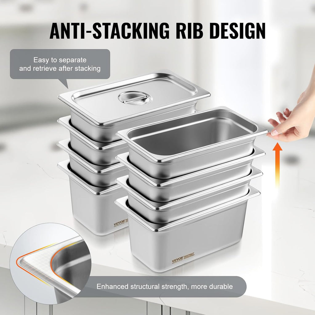 8 Pack Hotel Pans with Lids, 1/3 Size Anti-Jam Steam Pan, 0.8mm Thick Stainless Steel Steam Table Pan, 6-Inch Deep