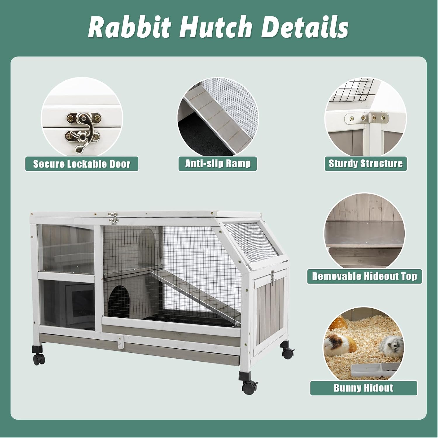 Indoor Rabbit Hutch - 36''L Outdoor Wooden Bunny Hutch with Wheels Rabbit Cage Guinea Pig Cages Removable Pull Out