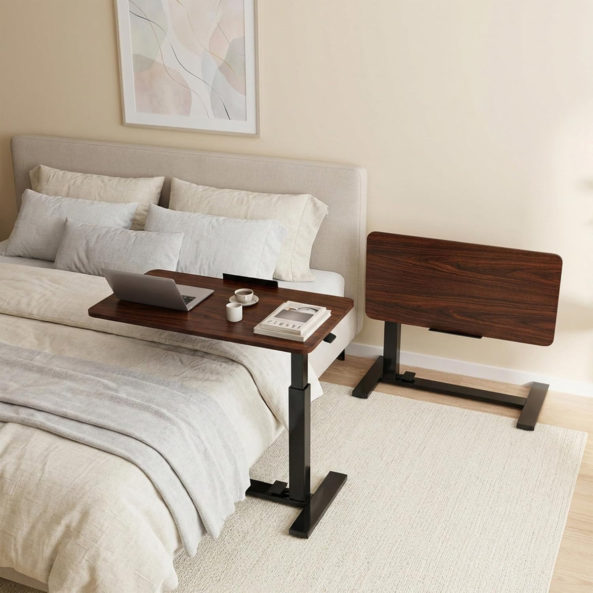 Overbed Table with Wheels, Height-Adjustable Bedside Table, Brown
