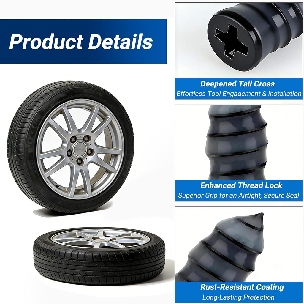 Tire Repair Rubber Nail Kit, Premium Spiral Screw-in Tire Plugs with 2 Sizes, Emergency Roadside Flat Tire Fix Tool