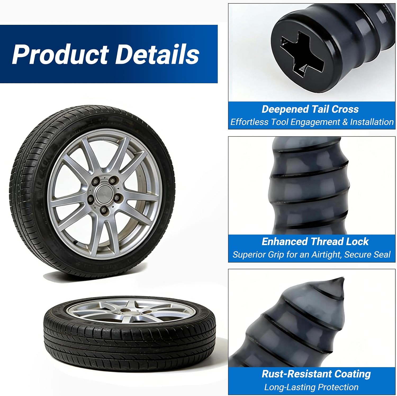 Tire Repair Rubber Nail Kit, Premium Spiral Screw-in Tire Plugs with 2 Sizes, Emergency Roadside Flat Tire Fix Tool