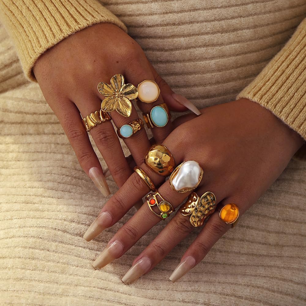 Chunky Gold Rings for Women Non Tarnish, Baroque Pearl Flower Tiger's Eye Stone Rings Adjustable Stacking Statement