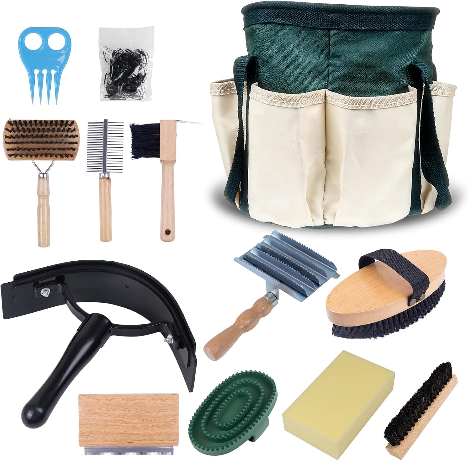 13-Piece Horse Grooming kit for Daily Care,Complete Horse Supplies Set with Wood Brushes, Tack Essentials, Curry