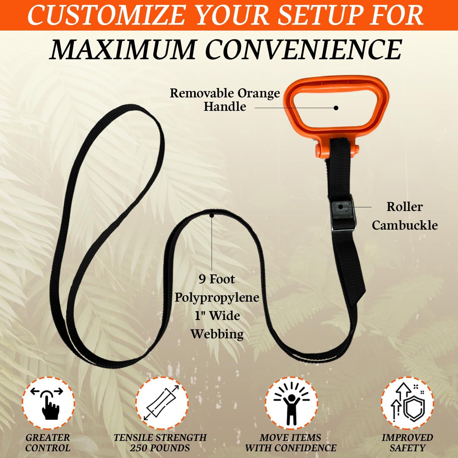 Handle and Haul Moving Strap, 2 Handles - 1-Person Lift | 250 lb capacity, slides & locks anywhere on 9ft strap;