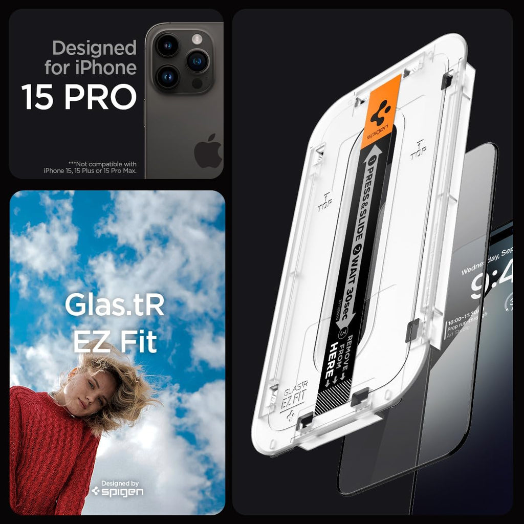 Tempered Glass Screen Protector [GlasTR EZ FIT] designed for iPhone 15 Pro [Case Friendly] - 2 Pack | 9H Hardness