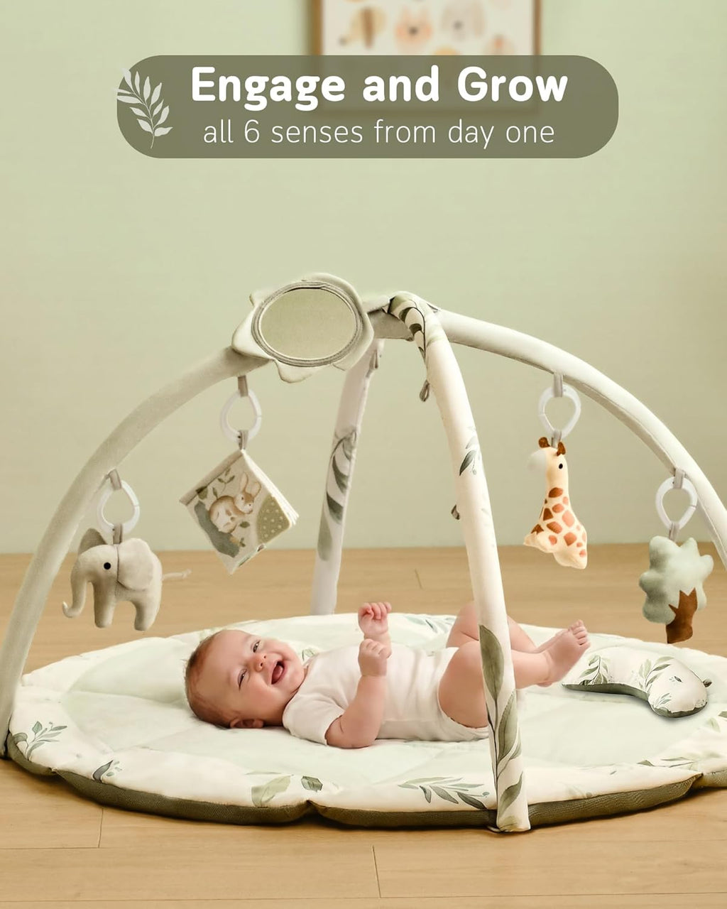 Baby Play Gym & Activity Mat, Machine Washable & Foldable Tummy Time Mat with 5 Detachable Toys, Certified Safe
