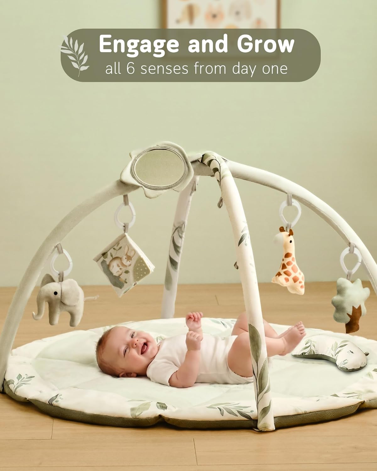Baby Play Gym & Activity Mat, Machine Washable & Foldable Tummy Time Mat with 5 Detachable Toys, Certified Safe