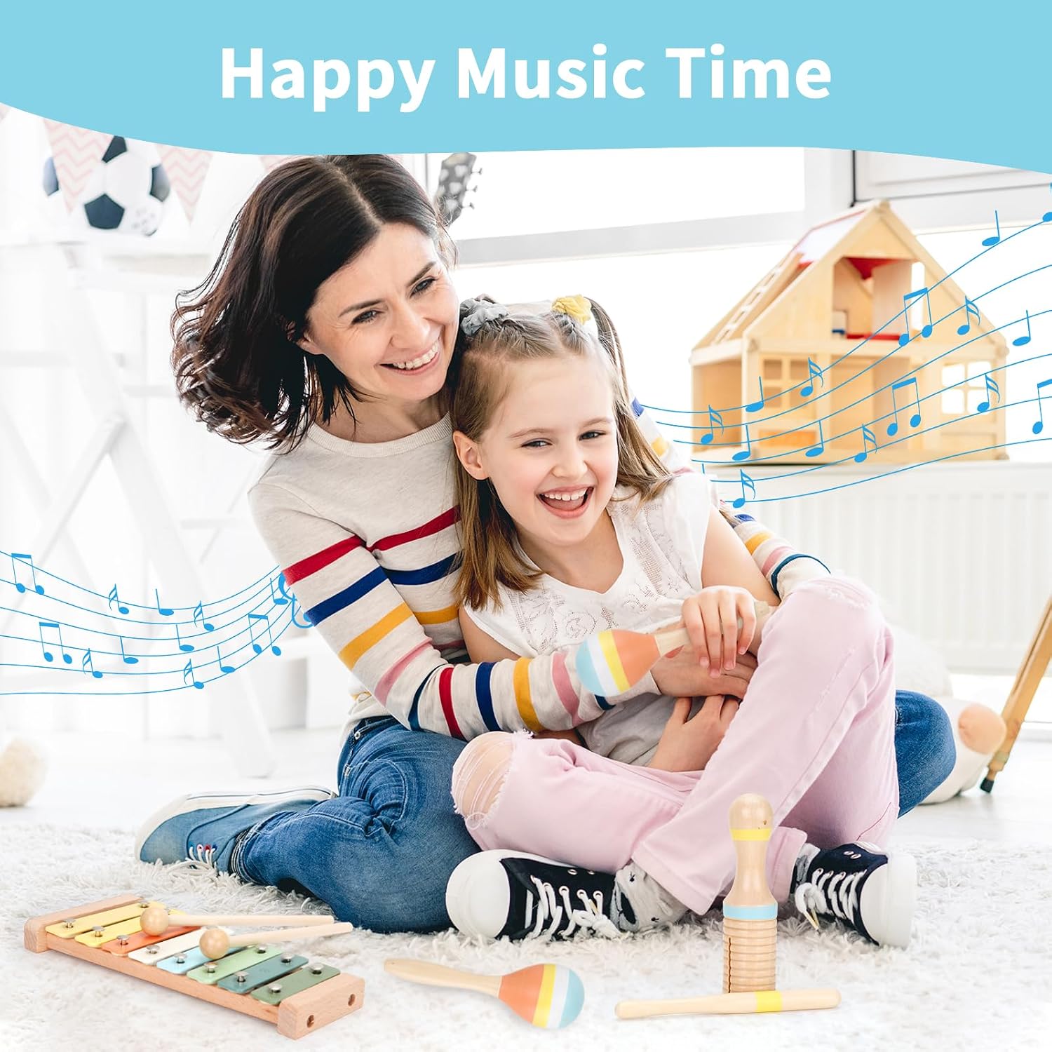 Baby Musical Instruments Set Wooden Montessori Toys for Toddlers | musical toy for toddlers 1-3, xylophone tambourine
