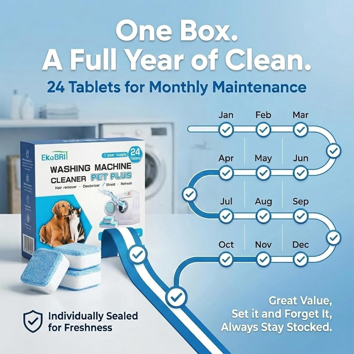 Upgraded Enzyme-Containing Washing Machine Cleaning Tablets for Pet Hair, Deep Cleaning, Suitable for Top-loading and