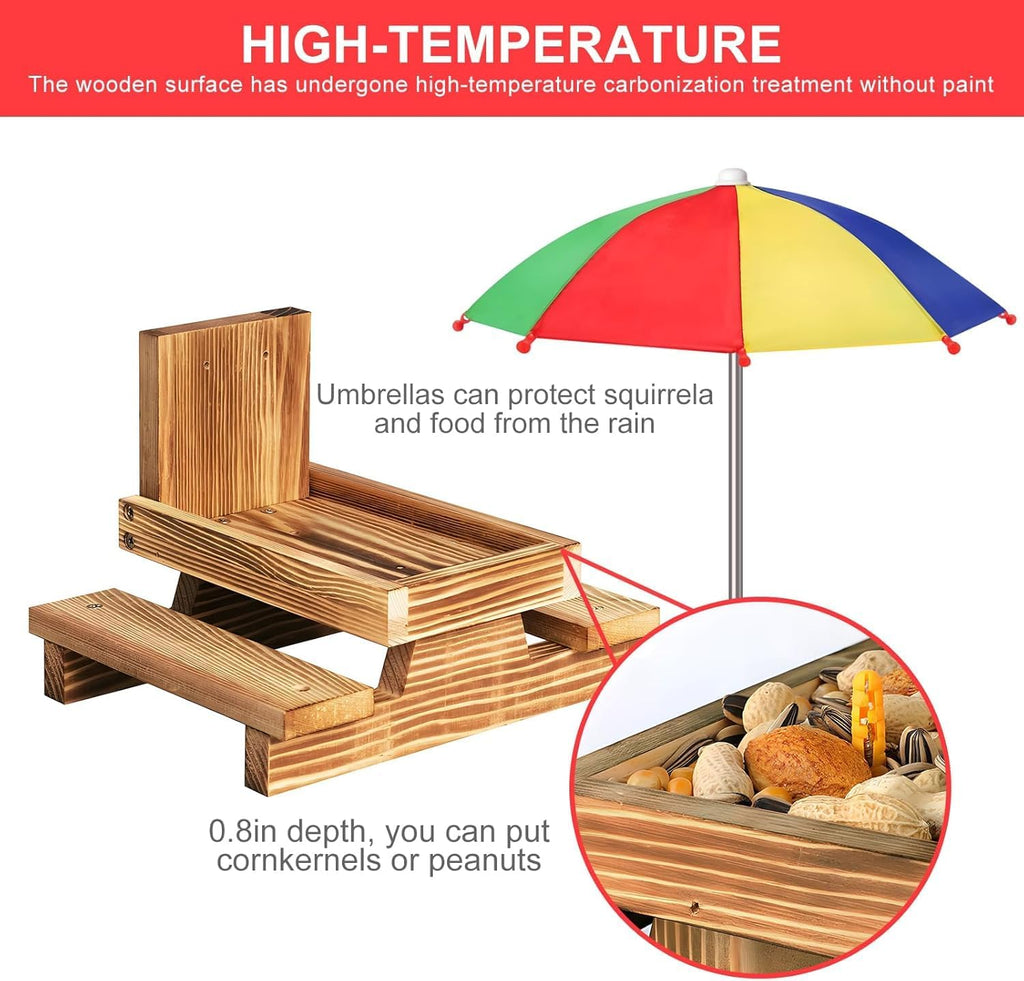 Gnodary Squirrel Feeder with Umbrella, Squirrel Feeders for Outside, Squirrel Picnic Table Feeder - Chipmunk Feeder