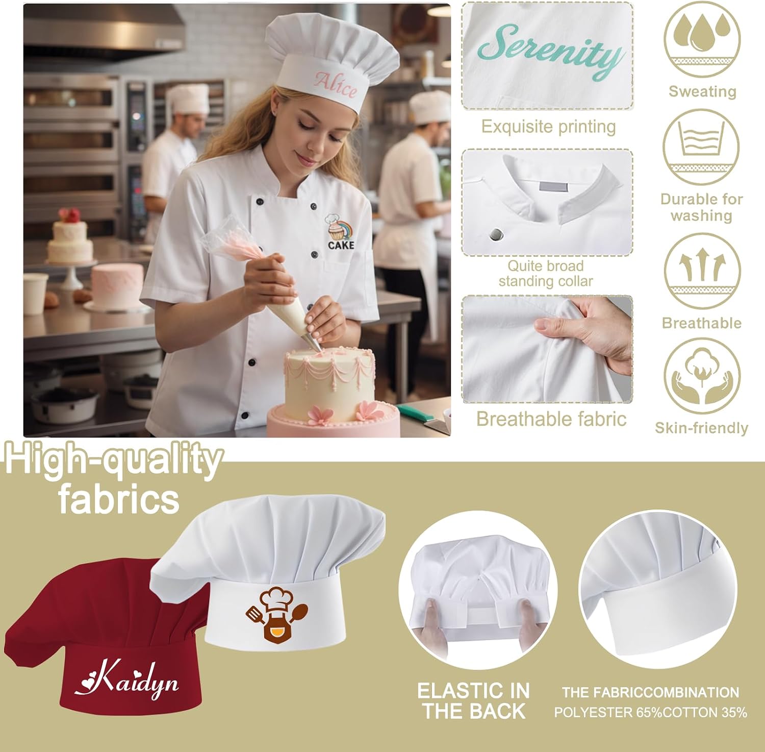Custom Chef Coat Men Women Personalized Chef Jacket＆Hat with Logo Name Text Customized Chef's Uniform Short Sleeve