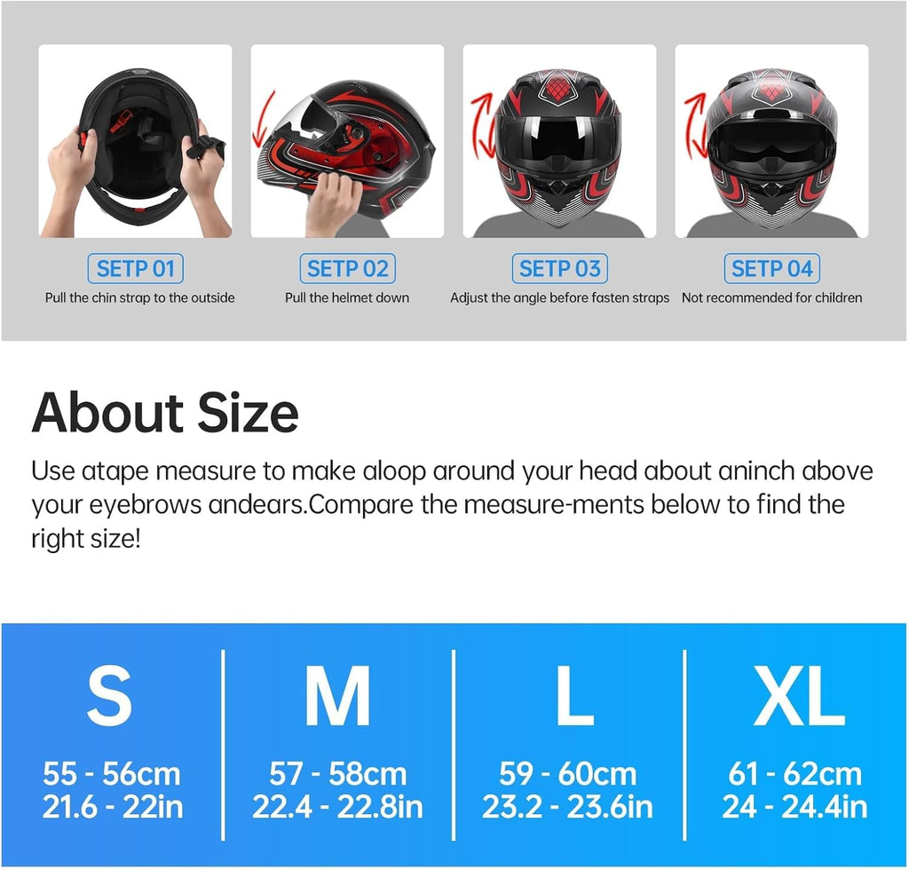 DOT Approved Modular Flip-Up Dual Visor Motorcycle Full Face Helmet for Adults Men & Women with 2 Removable Visors (1