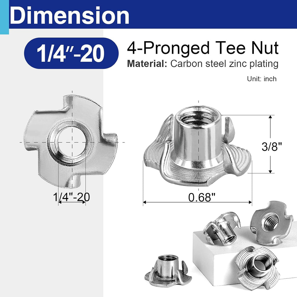 100PCS 1/4"-20 T Nuts for Wood, Zinc-Plated 4-Prong Tee Nuts
