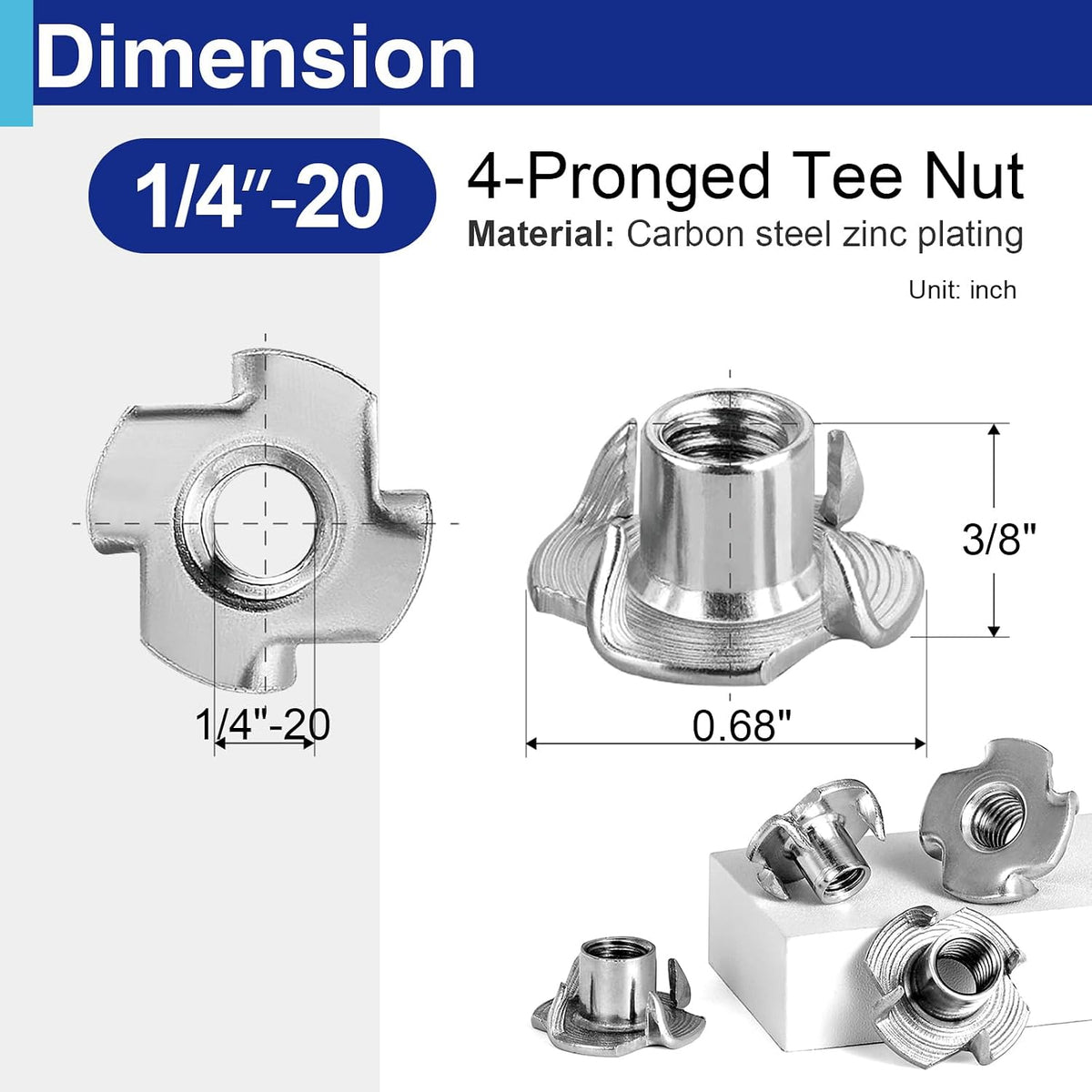 26PCS 1/4"-20 T Nuts for Wood, Zinc-Plated 4-Prong Tee Nuts