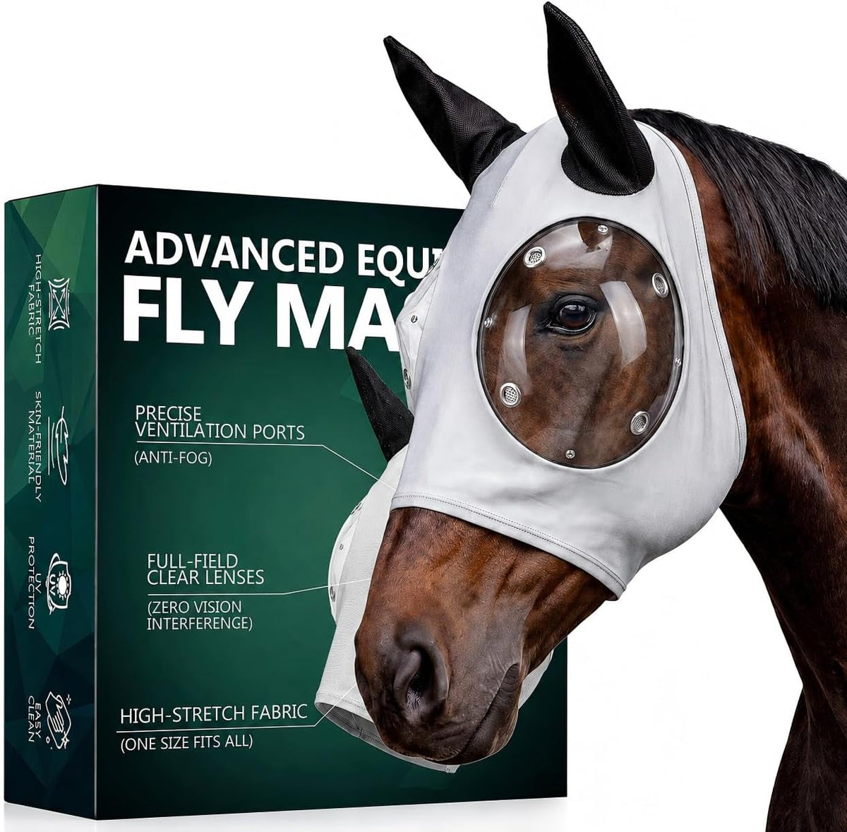 Horse Fly Mask with Ears - Ice Silk Cooling Fabric for Summer, Upgraded Anti-Fog & UV Blocking Ski-Grade Eye Mesh