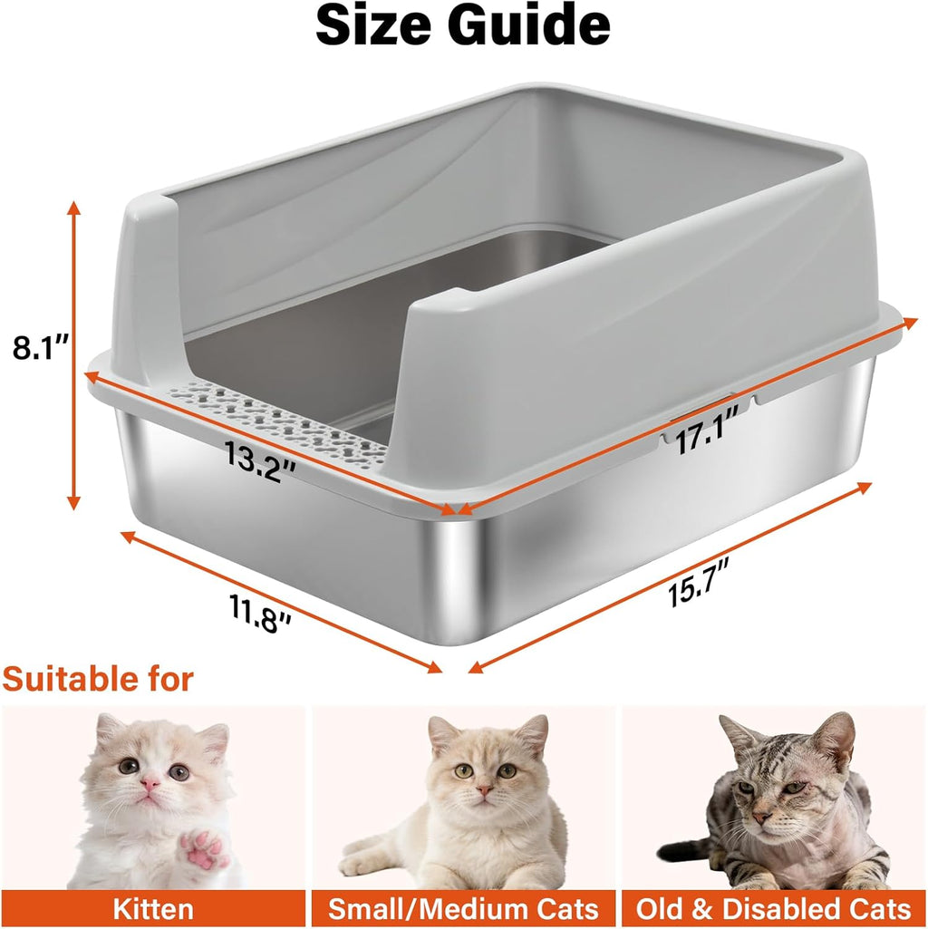 Stainless Steel Litter Box with Lid,Metal Kitty Litter Box,Low Entry Litter Boxes with Scoop and Mat,Kitten Litterbox