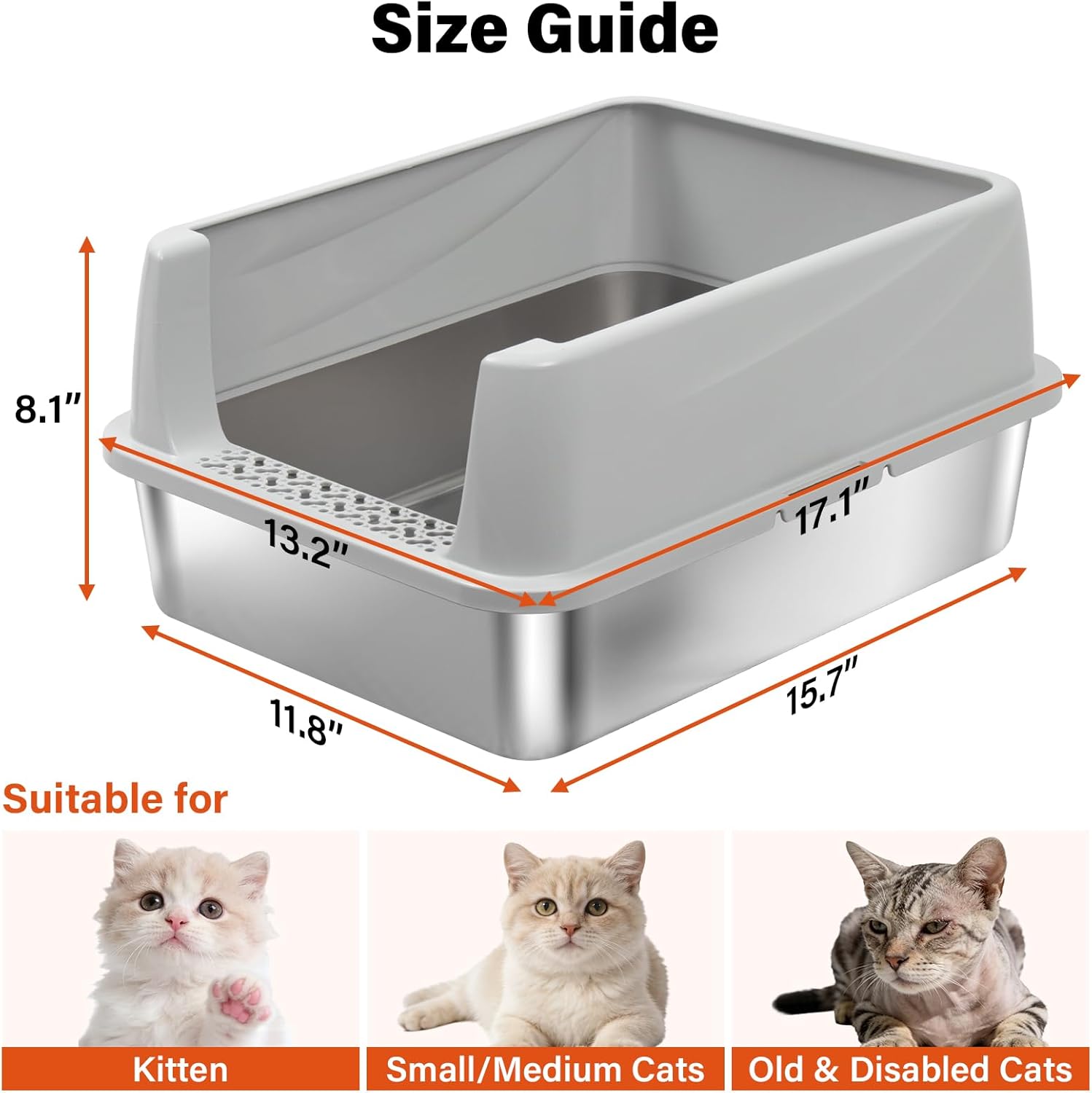 Stainless Steel Litter Box with Lid,Metal Kitty Litter Box,Low Entry Litter Boxes with Scoop and Mat,Kitten Litterbox