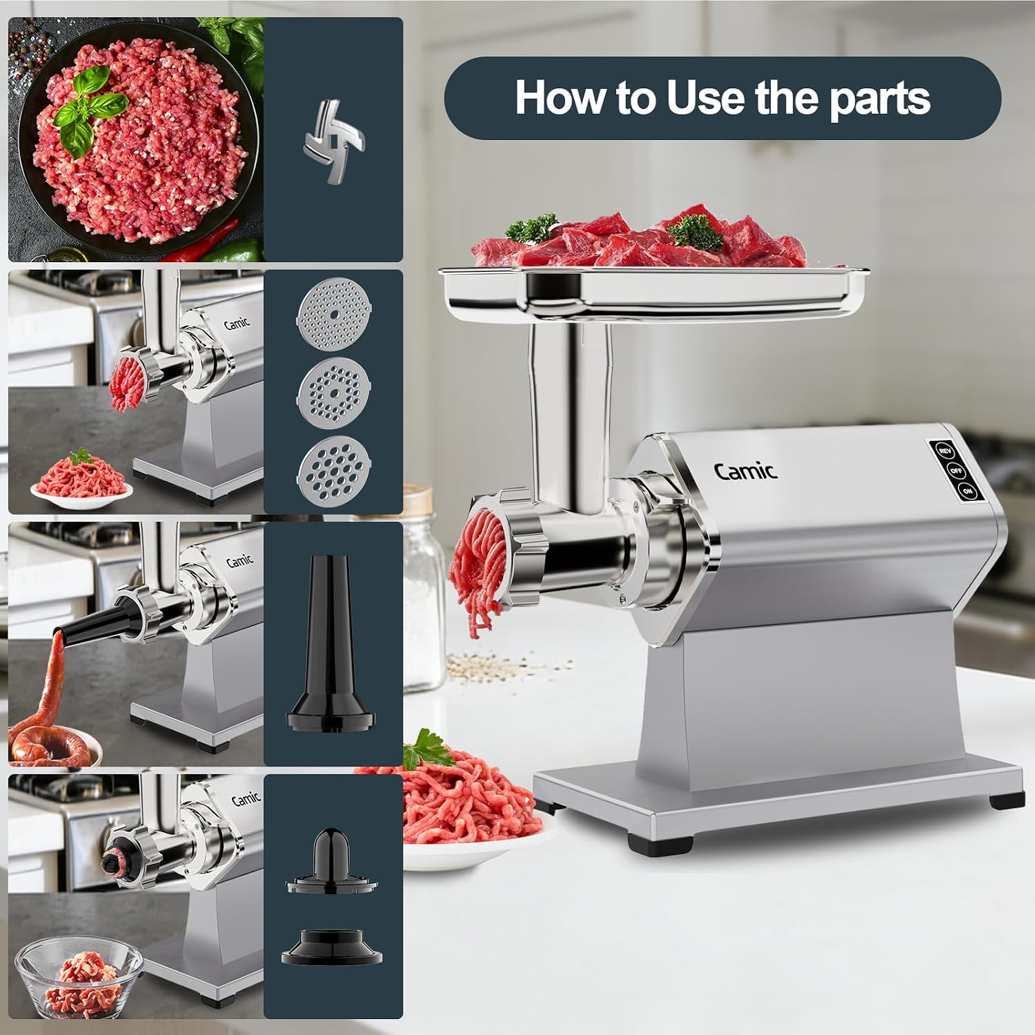 Electric Meat Grinder - 300W Sausage Stuffer for Home Kitchen Use Meat Mincer with Stainless Steel 3 Plates, 1 Blade