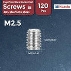 Kozelo 120pcs Cup Point Hex Socket Set Screws-M2.5-0.45x4mm 304 SS