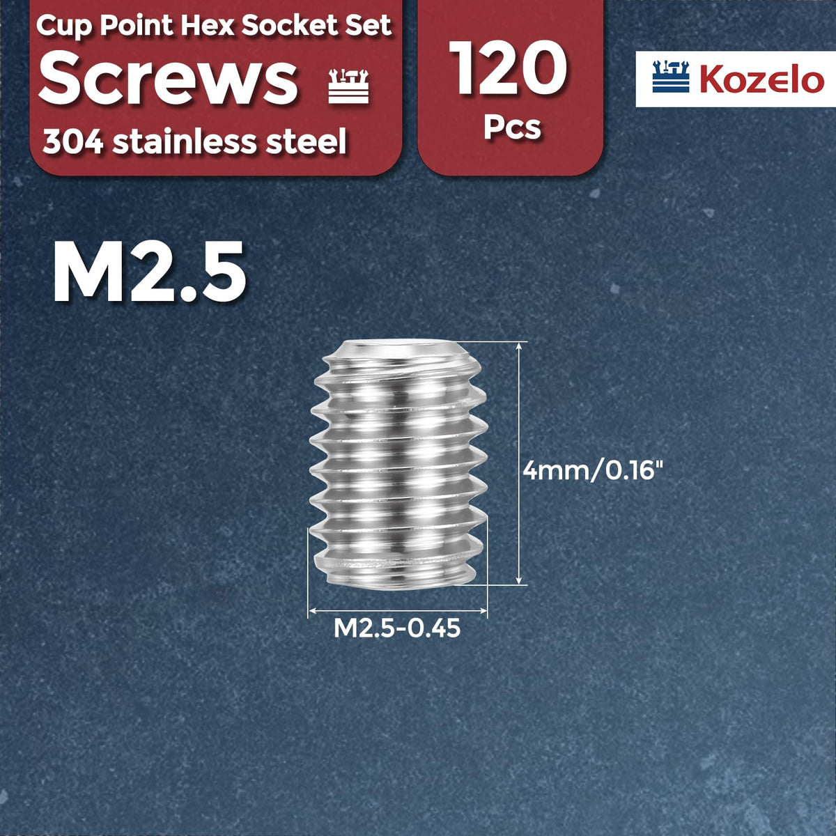Kozelo 120pcs Cup Point Hex Socket Set Screws-M2.5-0.45x4mm 304 SS