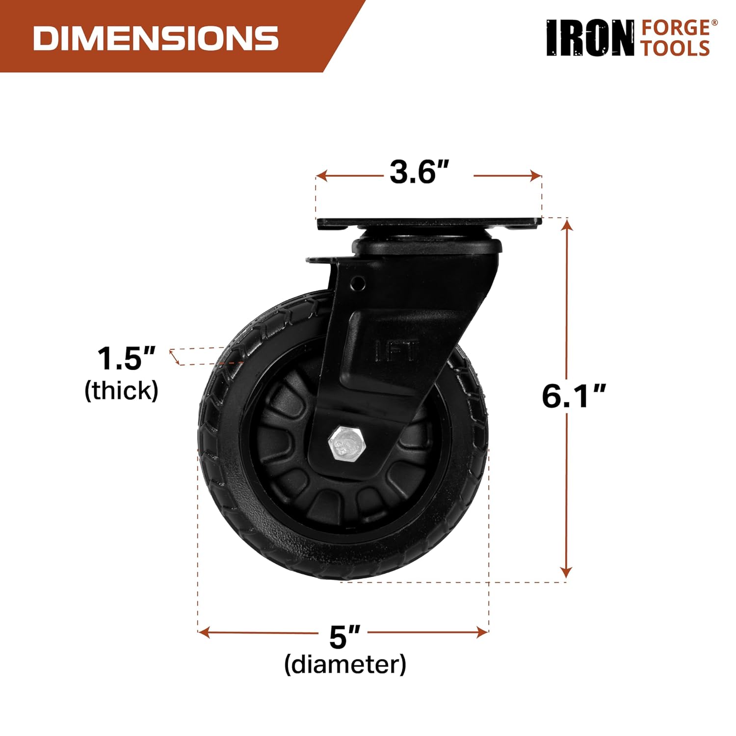 Medium Duty Swivel Knobby Casters, Set of 4-5 Inch | 6 Inch Height, Flat-Free Solid PU Tread, 2 Casters with Brakes