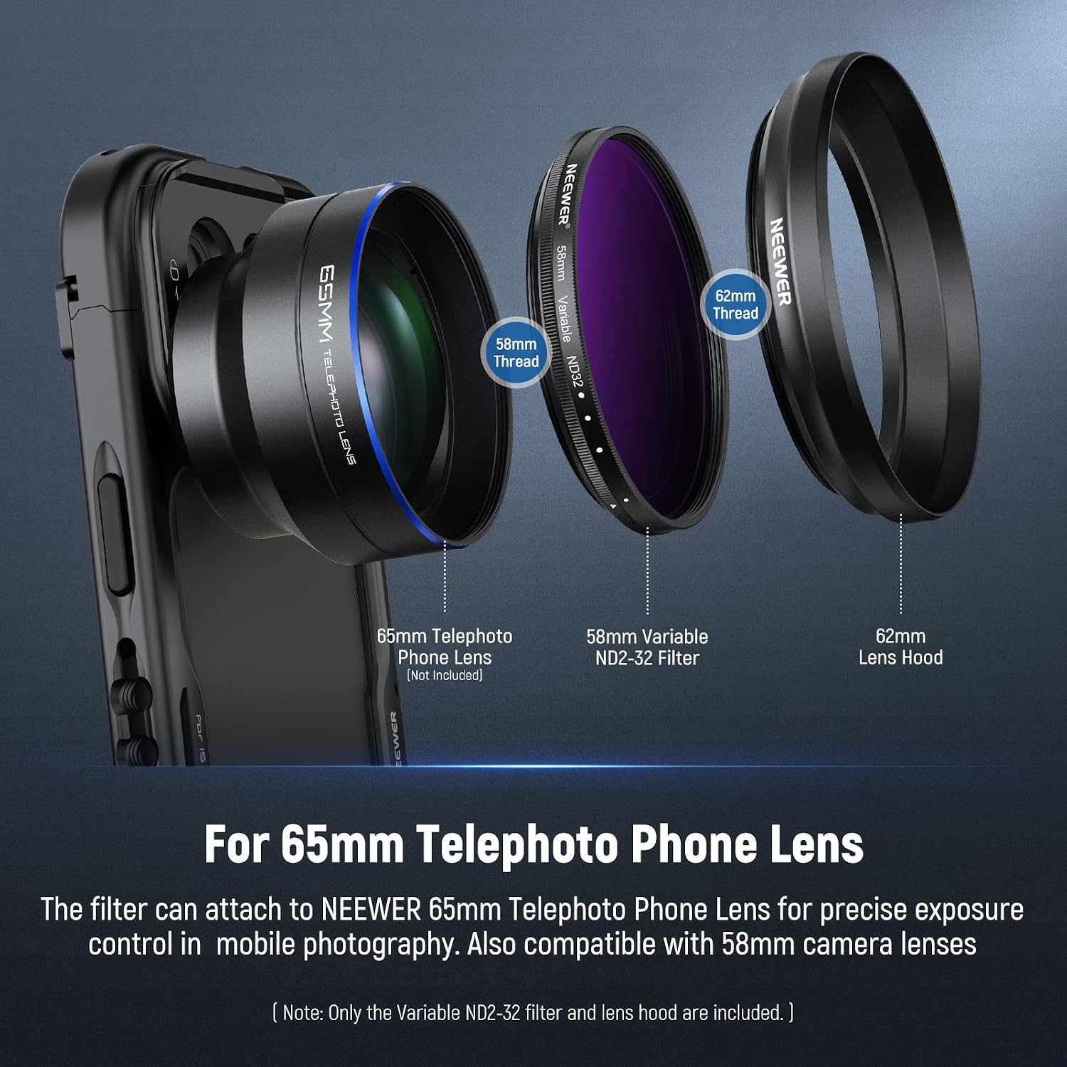 58mm Variable ND Filter with 62mm Lens Hood, ND2-32 Adjustable Neutral Density Filter Compatible with iPhone Android