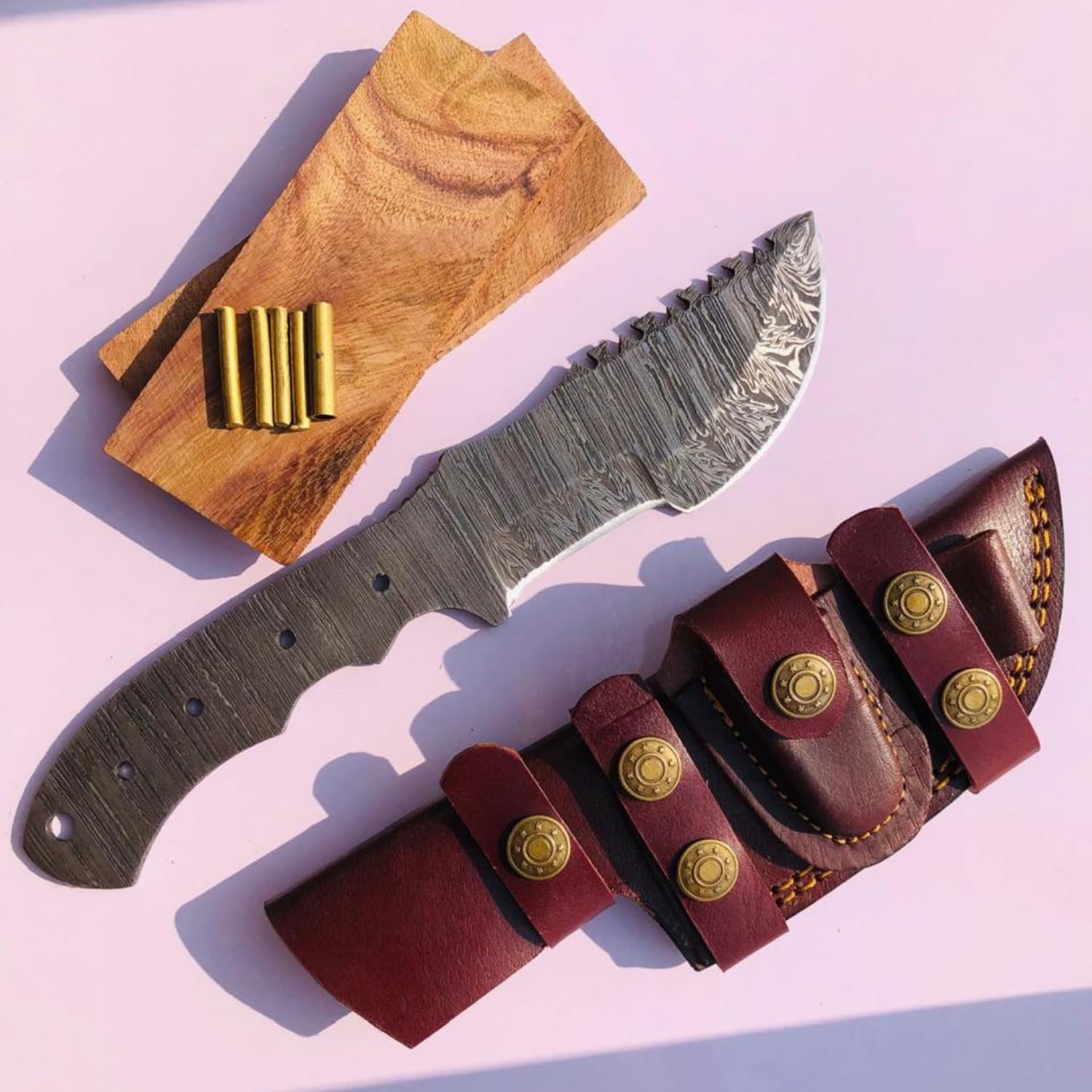Damascus Tracker Knife Making Kit, Blank Blade, Wooden Handle Scales, Pins & Leather Sheath, DIY Handmade Kit for