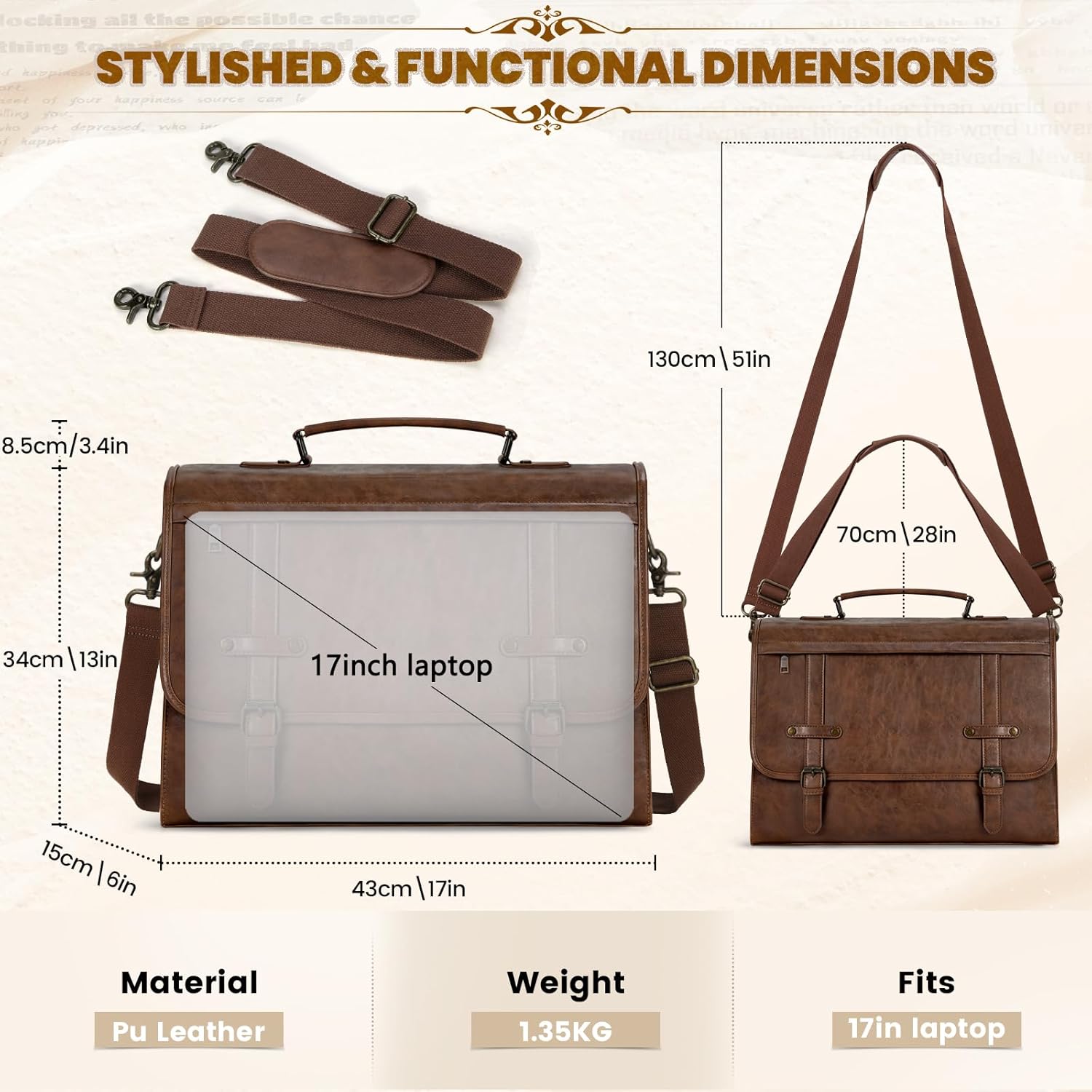 Mens Messenger Bag 17 Inch Waterproof Vintage Leather Laptop Briefcase Large Computer Laptop Bag Satchel Bag Retro
