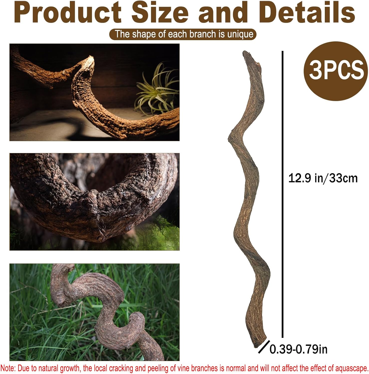 Reptile Decor 3PCS Natural Forest Branch Terrarium Habitat Decoration Lizard Climbing Tree Branch for Bearded Dragon
