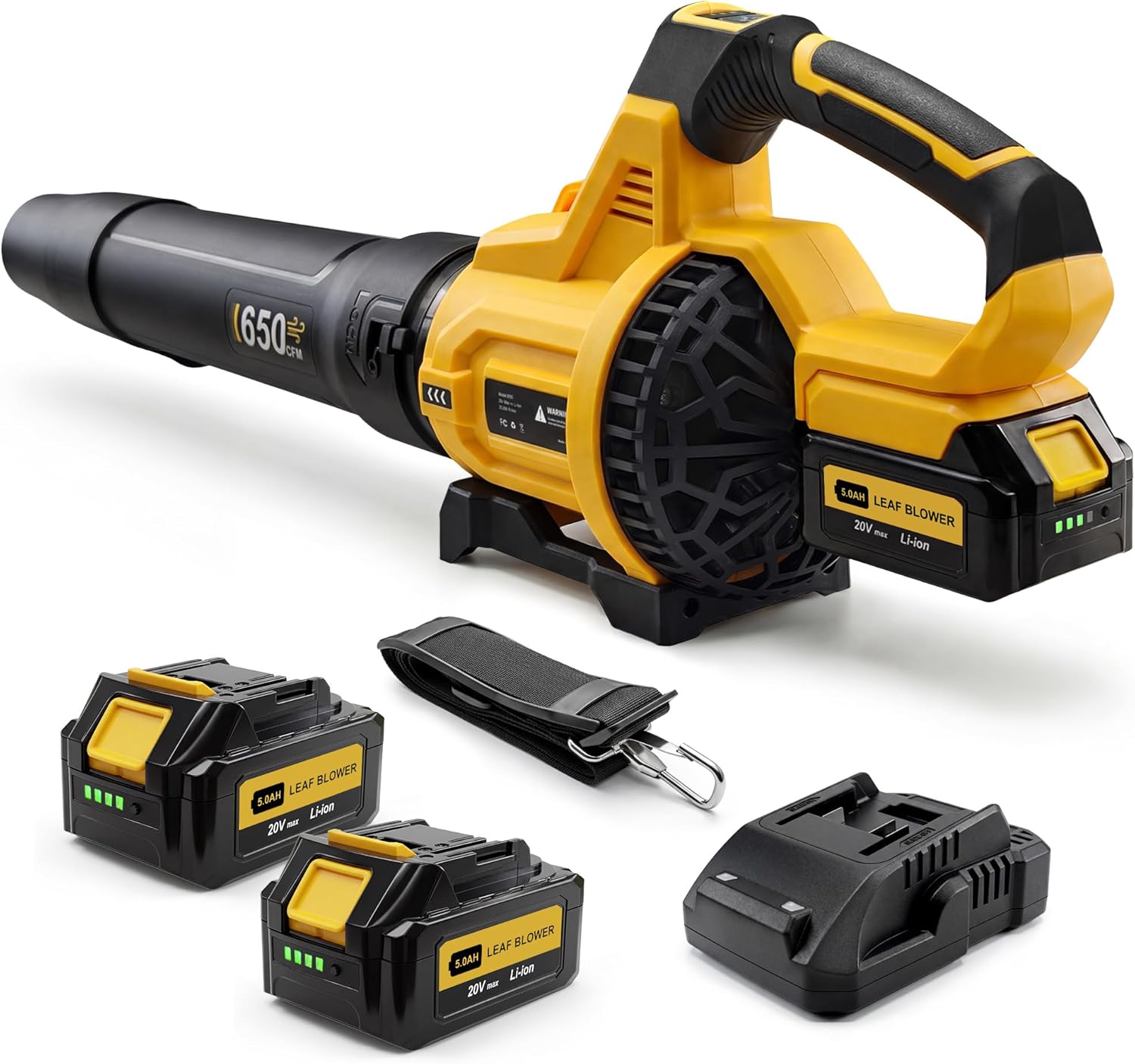 Leaf Blower Cordless, 650CFM & 3 Speed Levels, 1200W Electric Cordless Leaf Blower with 2 x 5.0Ah Batteries & Fast