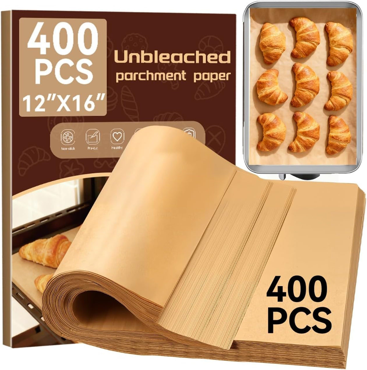 400PCS Parchment Paper Baking Sheets, 12"x16" Unbleached Precut Half Parchment Paper for Baking, Non-Stick Baking