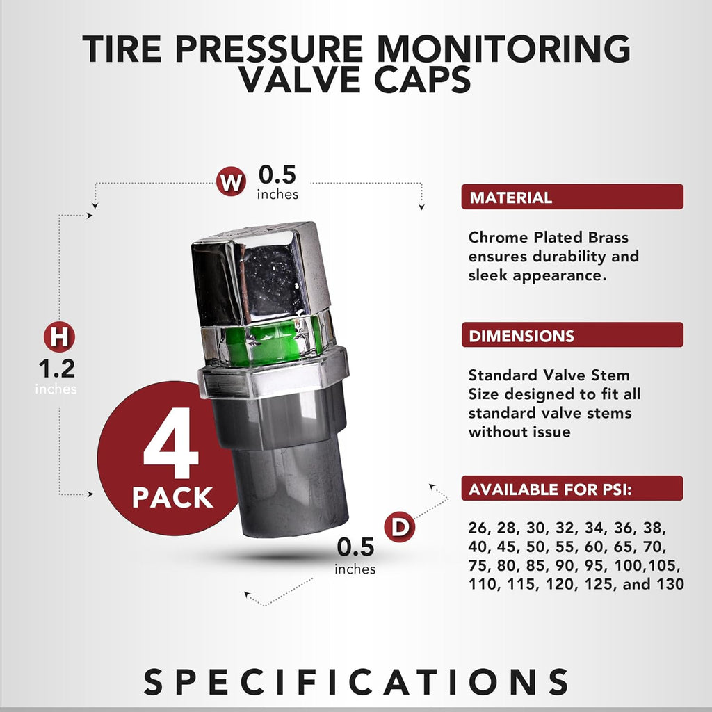 Tire Pressure Monitoring Valve Caps Sensor Gauge - Advanced Detection System, 50 PSI Sensing Air Alert Indicator for