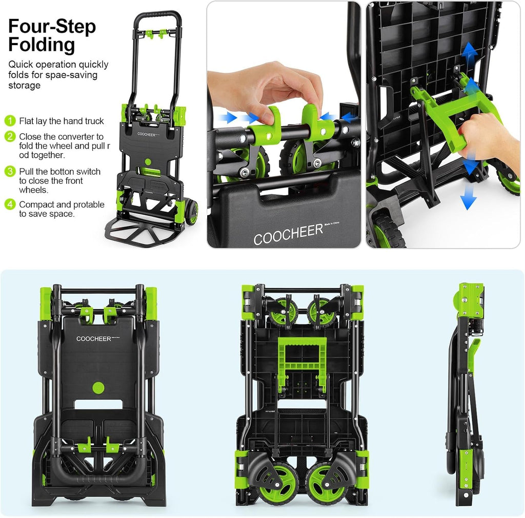Folding Hand Truck Dolly, 330lb Convertible 4 to 2 Wheel Moving Cart, Green | Dolly Cart with Retractable, Aluminum