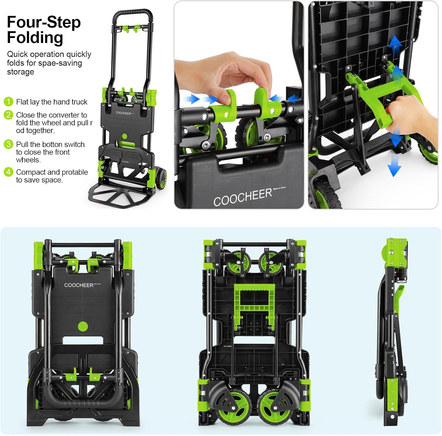 Folding Hand Truck Dolly, 330lb Convertible 4 to 2 Wheel Moving Cart, Green | Dolly Cart with Retractable, Aluminum