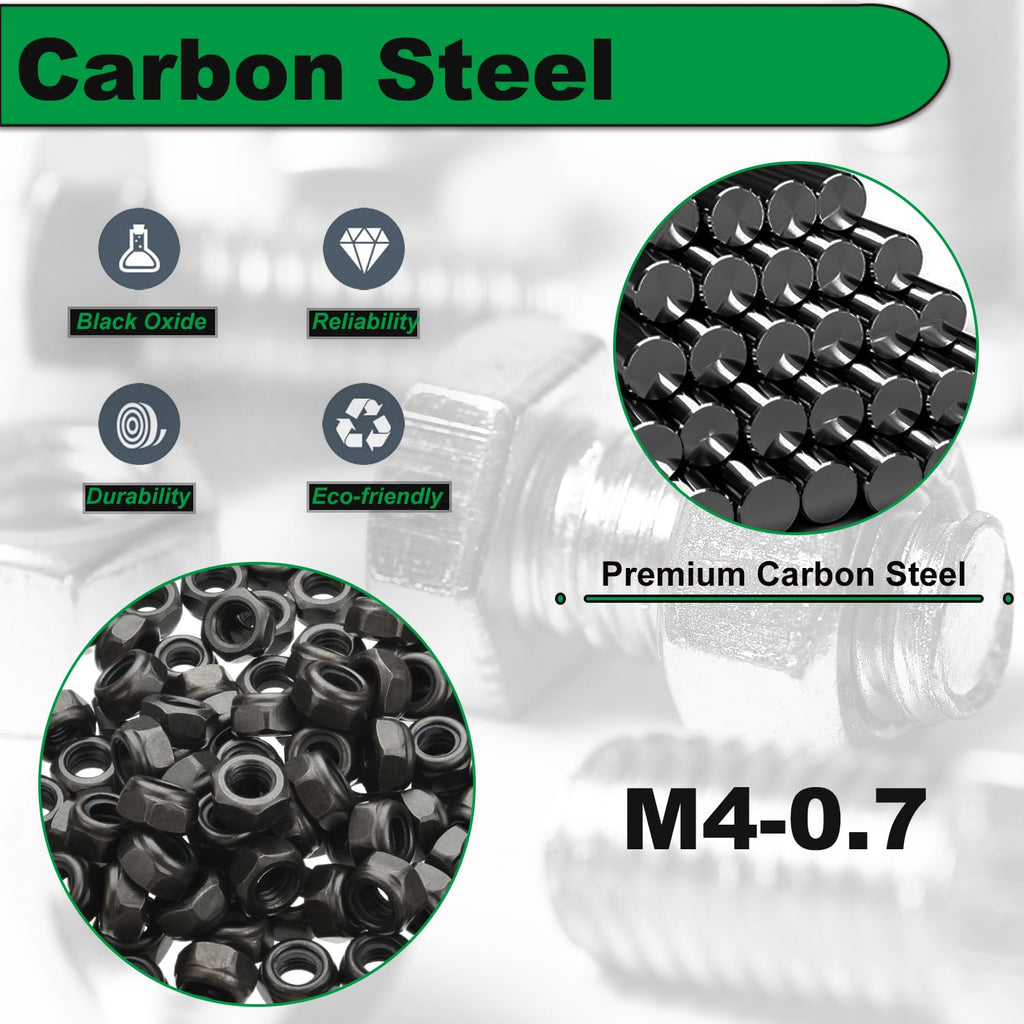 120Pcs M4x0.7 Locknuts Nylon Inserted Hex Lock Black Carbon Steel