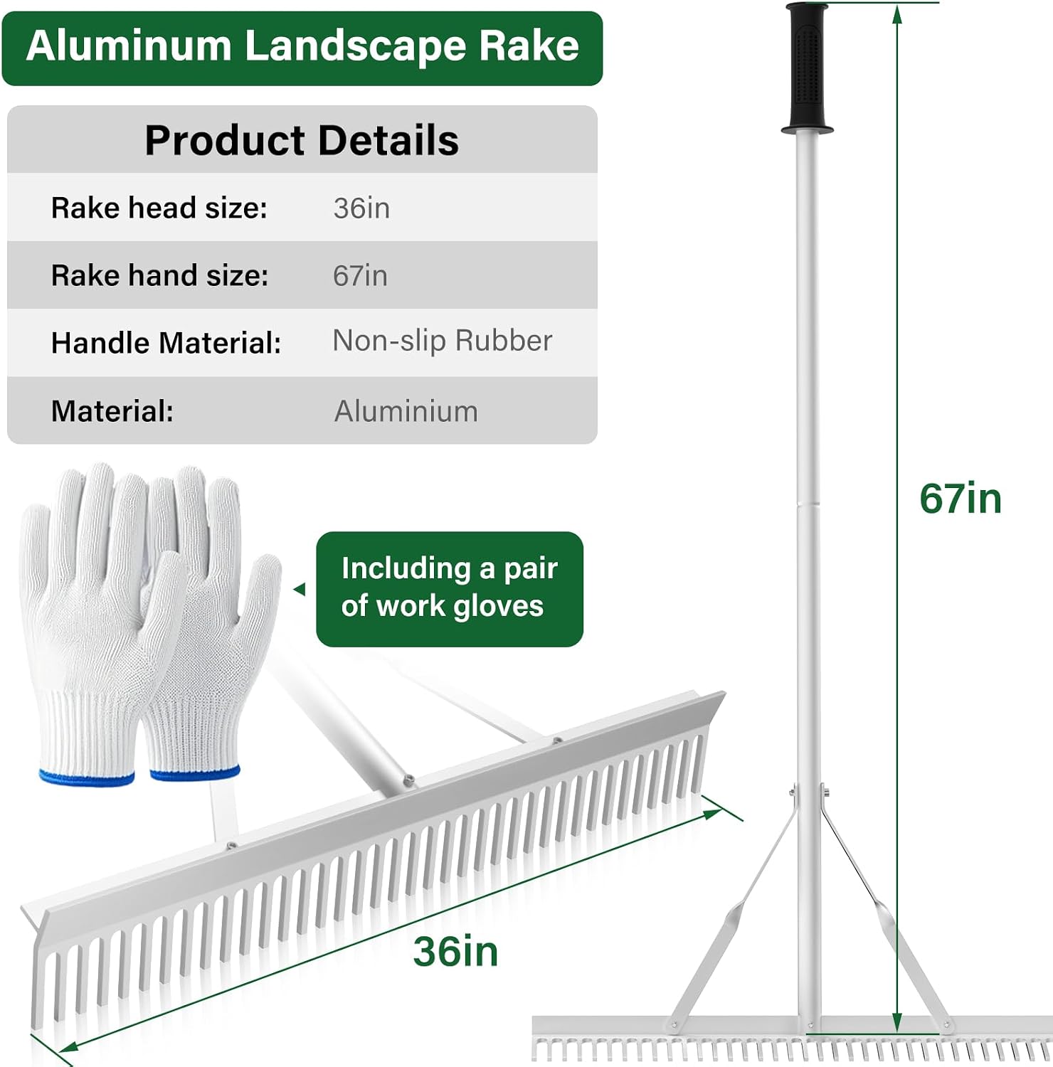 Aluminum Landscape Rake,36 inch Landscape Rake (36" Head X 67" Handle) | Leaf Rake Tool for Loosening Soil,Lawn