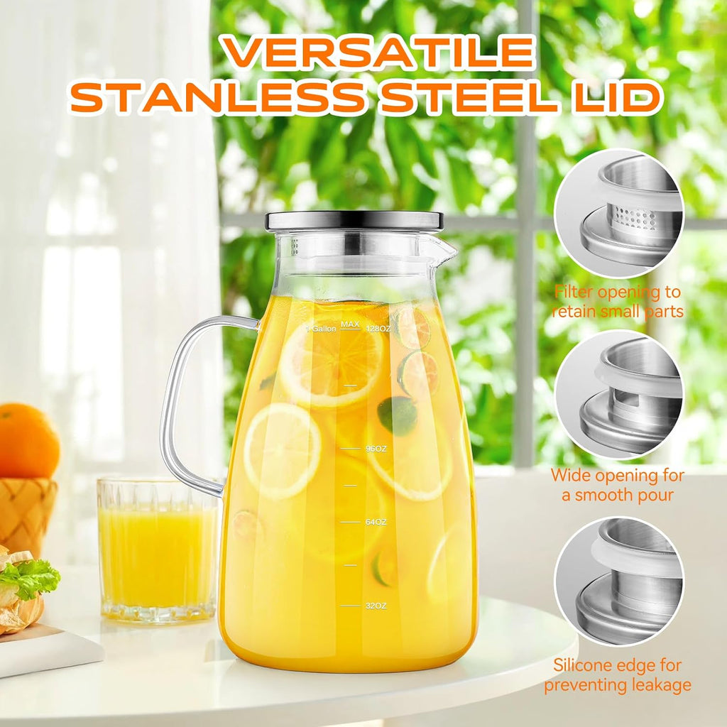 Glass Pitcher with Lid and Handle, Glass Water Pitchers, 1 Gallon