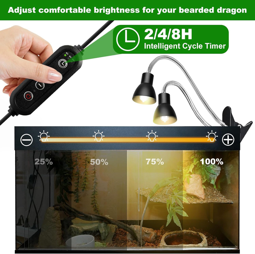 Heat Lamp for Reptile,UVA UVB Light for Turtle,Bearded Dragon Basking Light Bulbs,Dimmable 360°Gooseneck UV Heating