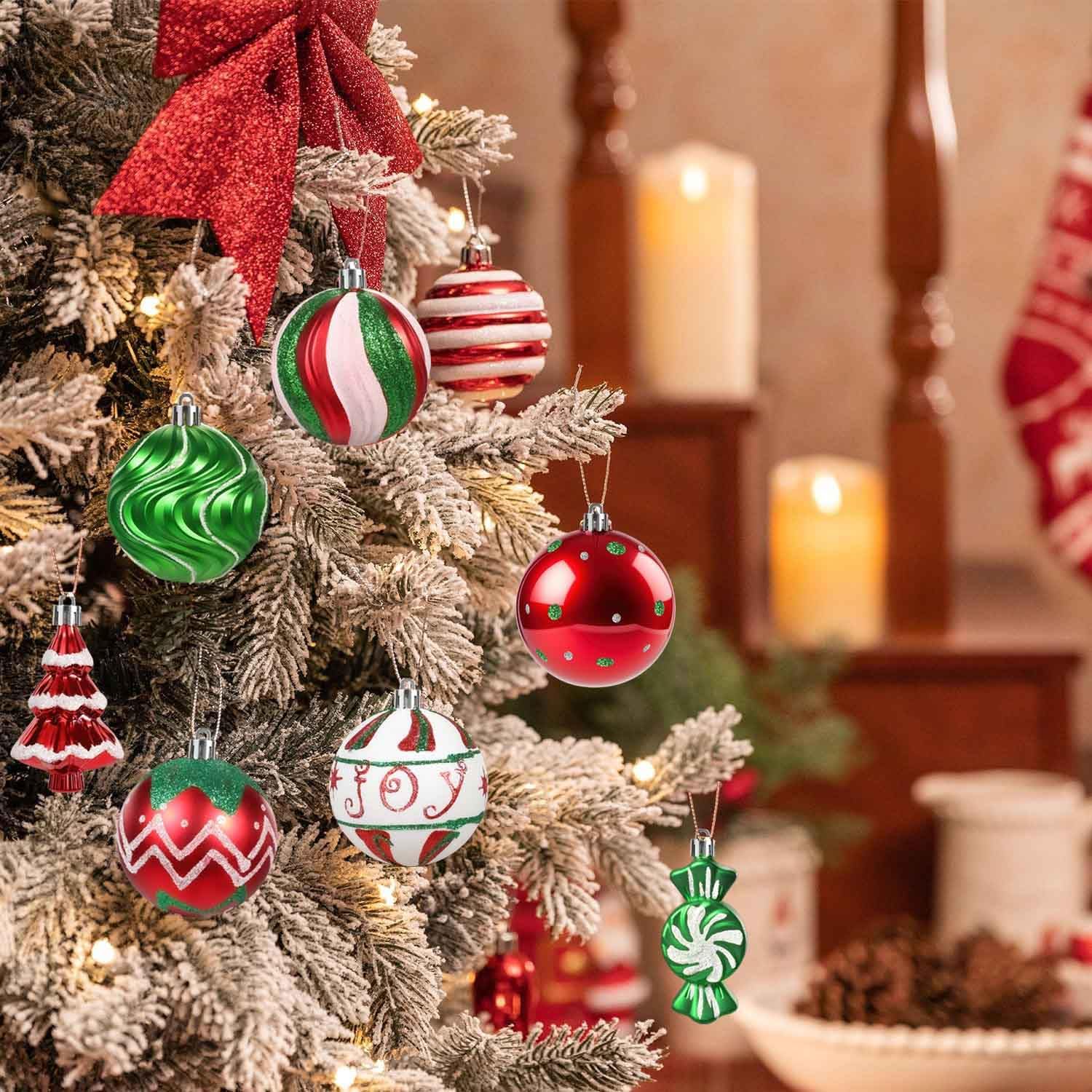Christmas Tree Ball Ornaments Set, 42ct 3.15 Inches Red Green White Assorted Xmas Tree Ball Ornaments, Shatterproof