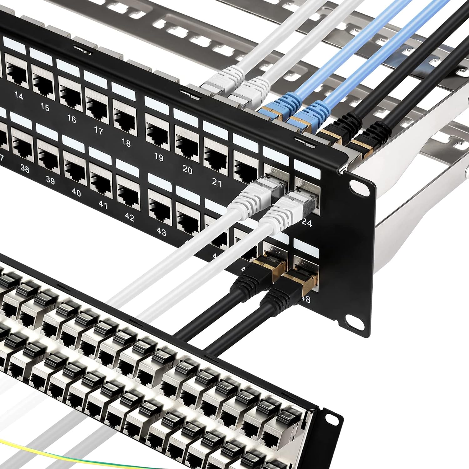 Patch Panel 48 Port Cat6A with Inline Keystone 10G Support, Coupler Patch Panel STP Shielded 19-Inch with Removable