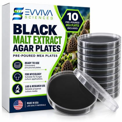 Pre-Poured Black Malt Extract Agar Plates, 10 Pack – MEA with Black Dye & Charcoal – Prepared Culture Media for