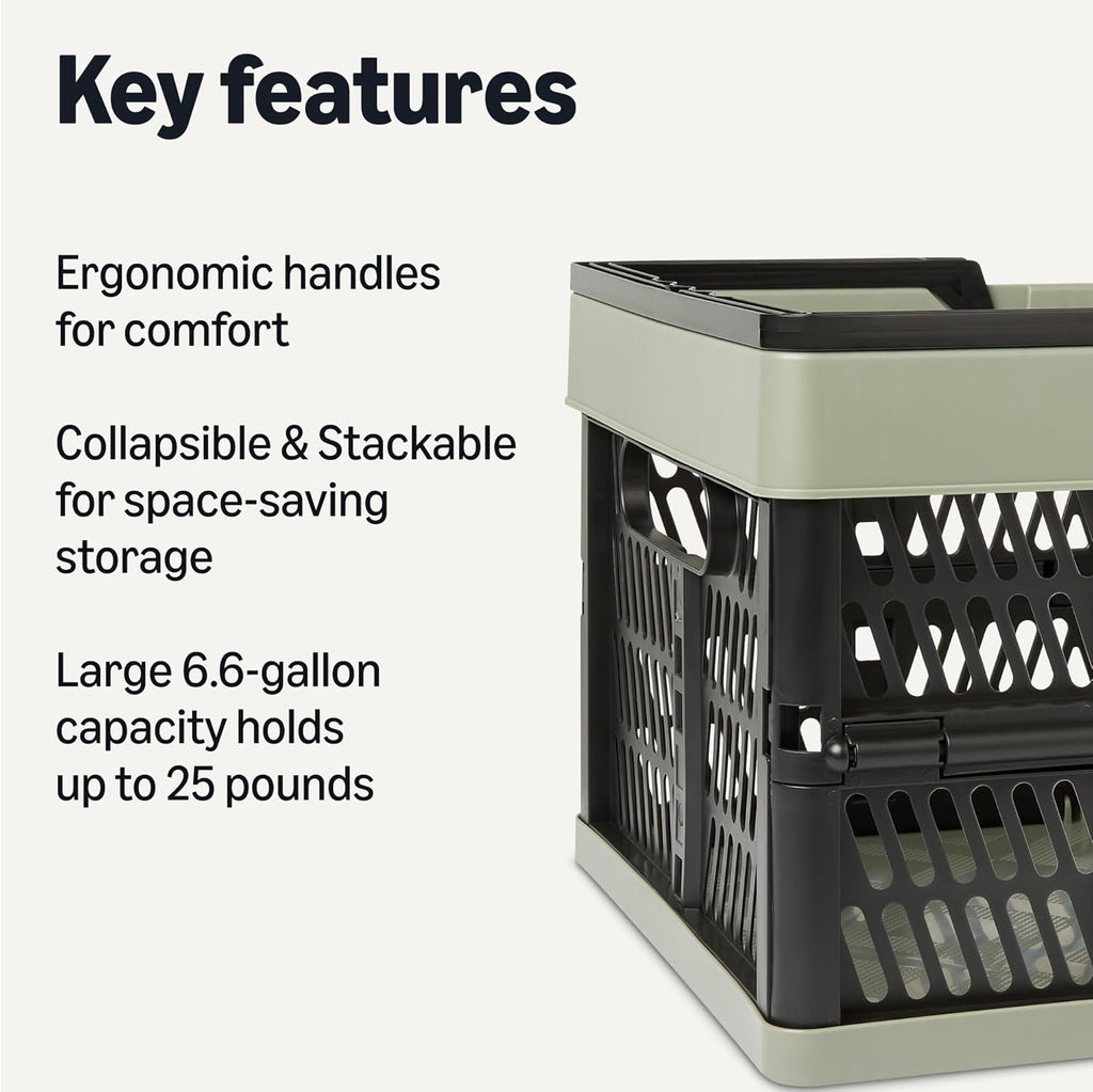 Collapsible Plastic Grocery Shopping Baskets with Ergonomic Handles, Stackable, 6.6 Gallon Capacity, Green, 3 Pack